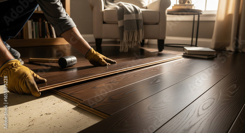 A person wearing gloves is installing new dark wood or laminate flooring in a cozy, sunlit living room. They are carefully fitting a plank into place