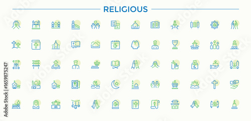 Religious colorful line icon set. Contain linear symbols ritual, prayer, church, faith, christianity. Thin web icons. Christianity linear icon collection. Editable stroke. Vector collection.