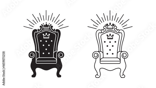 Royal throne with crown and rays, black and white