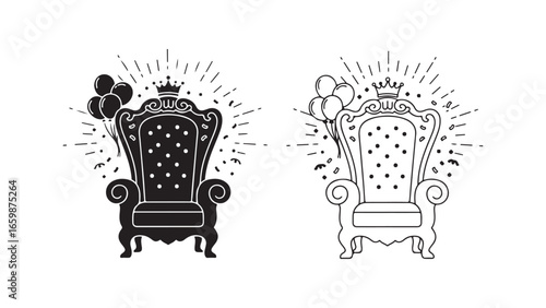 Royal throne with balloons and crown