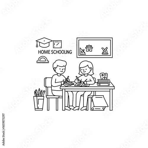 homeschooling at home two students learning writing at desk during lesson a blackboard showing education icons and home education concept