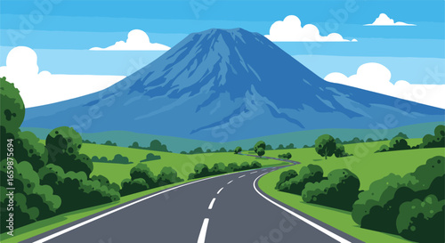 Scenic winding road leading to a majestic blue mountain under a cloudy sky Keywords: mountain, road, landscape, nature, travel, scenic, winding, highway, green, trees, bushes, grass, fields, sky