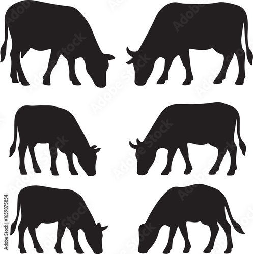 Set of Grazing Cow and Cattle Silhouettes