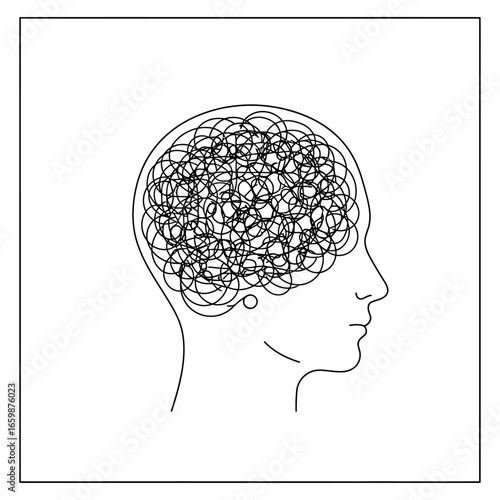 mindful thinking a profile of a person with swirling thoughts representing mental health challenges for articles about awareness and focus.