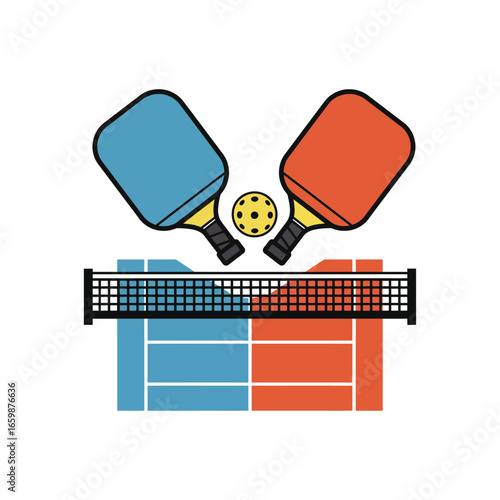 Pickleball game scene rackets and ball over the net on a court representing recreational sports active lifestyle exercise and competitive fun for leisure activities.