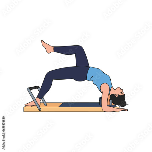 pilates equipment lotus illustration woman exercising on a pilates machine stretching leg up in a studio promoting fitness well-being and a healthy lifestyle suitable for pilates studio ads