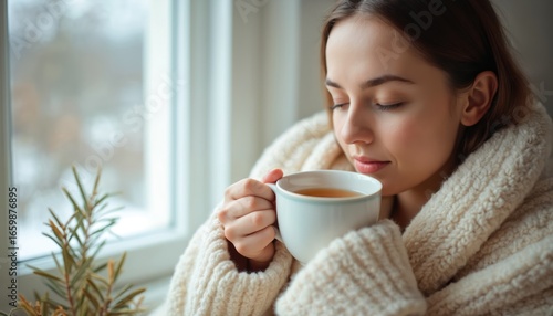 Young woman drinking hot tea, wrapped in warm blanket at home near window during cold season. Female with closed eyes enjoys comfort, cosiness and rest. Sick girl recovery with herbal teacup.