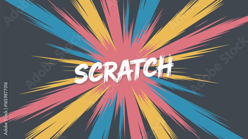 A cartoon style background with the word scratch in white and colorful burst lines emanating outwards