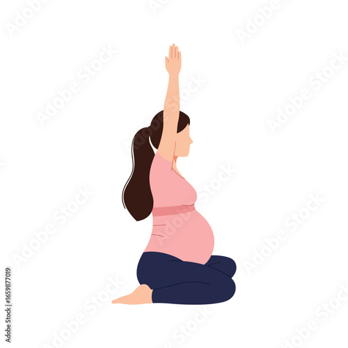 pregnancy yoga a pregnant woman practicing a seated pose with arms raised in a studio promoting wellness and fitness during pregnancy healthy lifestyle