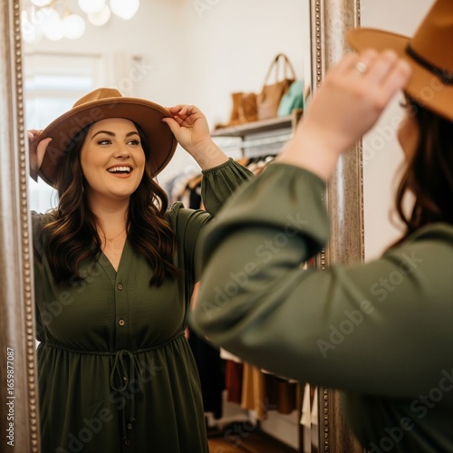 Confident Plus-Size Woman Trying Hat Smiling in Mirror