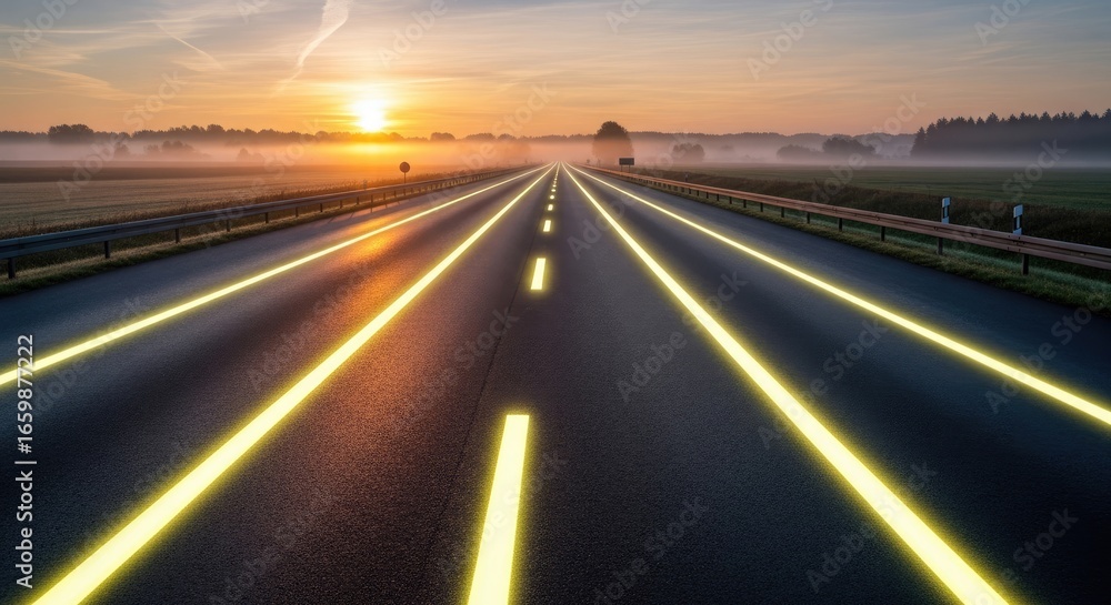 Obraz premium Highway at sunrise, vibrant yellow lines. Misty morning landscape