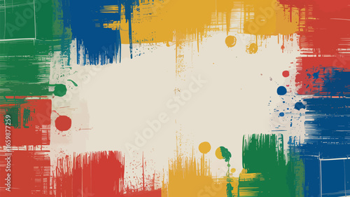 Abstract painting with brush strokes in red blue green and yellow with a central white space area