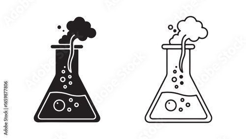 Science beaker with bubbling liquid, outline style