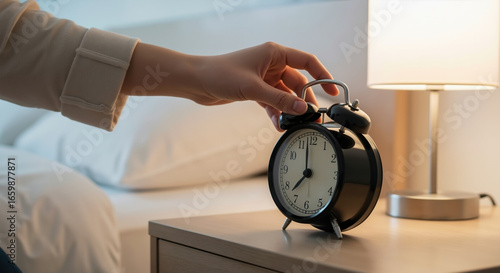 Hand reaching for black alarm clock on bedside table in bedroom. Morning routine and time management concept for wake up schedule and daily productivity habits