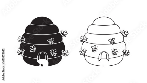 Honeycomb with bees, outline and filled versions