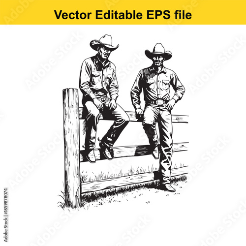 Two cowboys sitting on a wooden fence isolated on white background