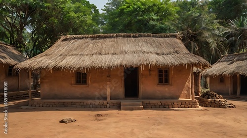 Traditional african village house with thatched roof and mud walls in a rural setting