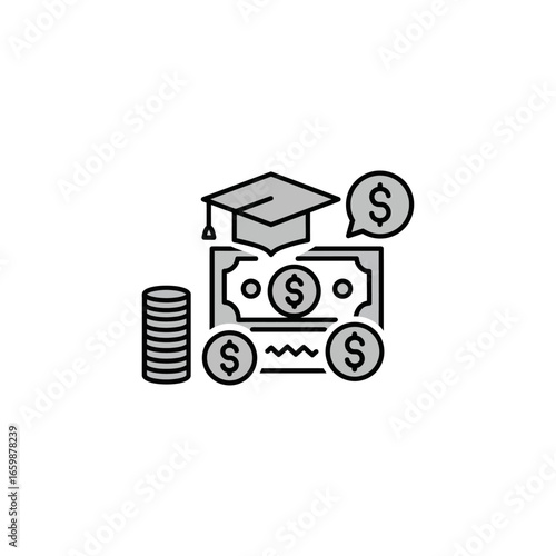 Tuition loan and grant concept graduation cap on money representing scholarship funding and educational finance for university college and further studies.