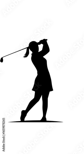 Athletic woman golfer mid-swing silhouette, bold vector logo for golf training academies and clubs
