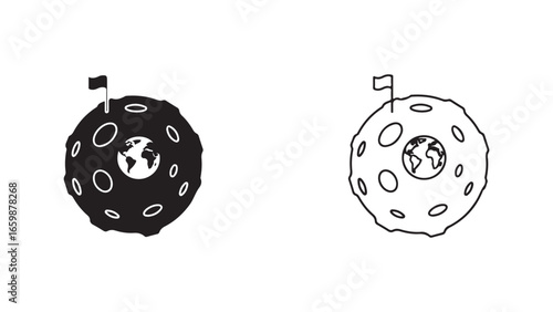 Moon with flag and Earth, outline style