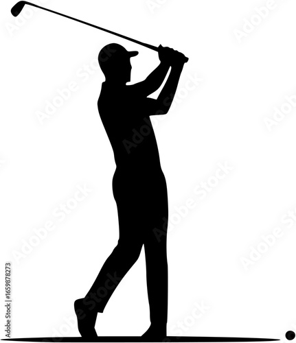 Athletic man golfer mid-swing silhouette, bold vector logo for golf training academies and clubs
