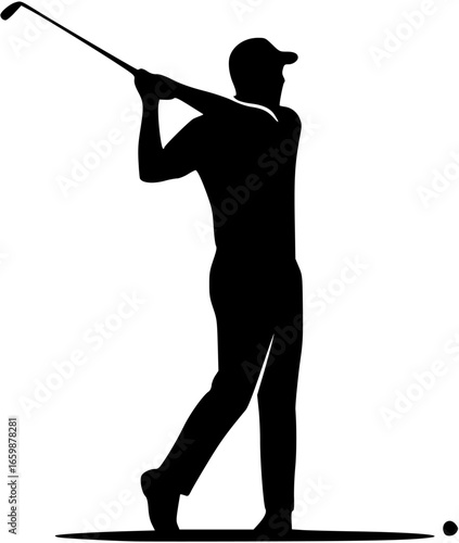 Athletic man golfer mid-swing silhouette, bold vector logo for golf training academies and clubs
