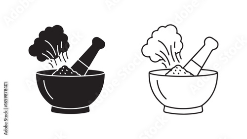 Mortar and pestle crushing herbs with transparent background
