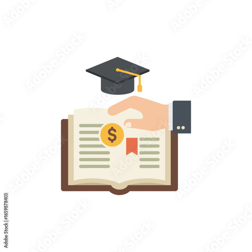 Tuition loan for education hand offering money towards studies illustrated with a graduation cap book and dollar sign representing financial aid and scholarship funding