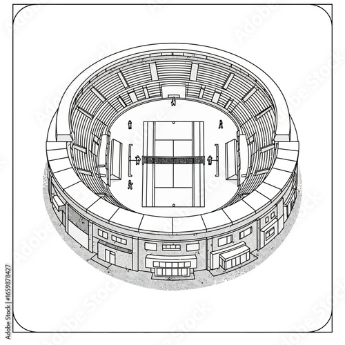 tennis stadium aerial view large arena showcasing a tennis match featuring modern architecture in a city setting ideal for sports content and architectural designs