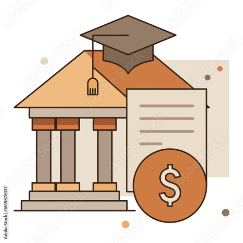 tuition loan for graduation college building with graduation cap paperwork and dollar coin depicting investment in higher education success.