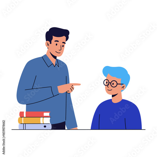 tutor helps student with homework explaining lesson with books on desk at home perfect for education content and learning material
