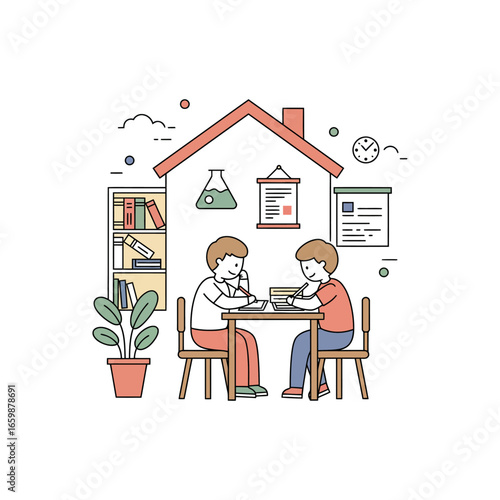 Two children homeschooling together at a table indoors focusing on learning with books and notebooks in a cozy home setting ideal for education content.