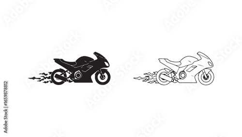 Motorcycle silhouette with flames, side view