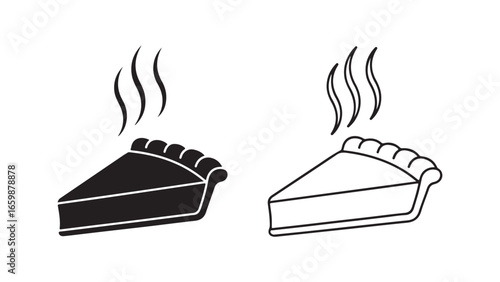 Hot pie slice with steam, black and white outline