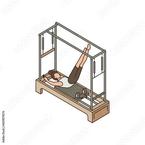 woman using pilates equipment for leg exercises improving core strength and flexibility in a fitness studio perfect for wellness and rehab concepts