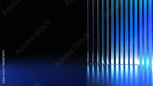 Black dark abstract background. narrow glass rays Vertical glass prism bars with neon blue glow. 3D render. Metallic reflective surface with luminous gradient light reflection.  Iridescent glass 
