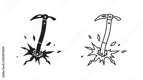 Ice climbing pick breaking ice with transparent background