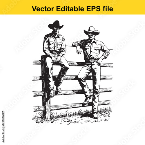 Two cowboys sitting and leaning on a wooden fence in a rural setting