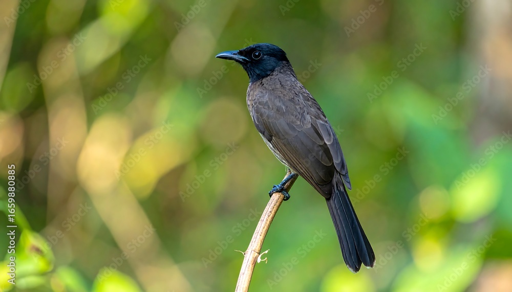 Fototapeta premium A perched bird of grey and black hues.