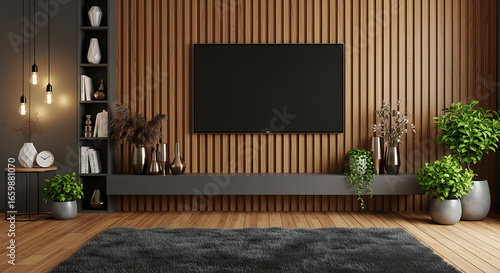 Modern television screen mounted on a wooden slat wall in a contemporary living room for home entertainment and interior design inspiration