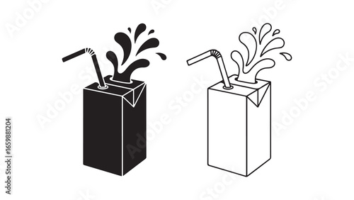 Juice box with splashes and straw, black and white