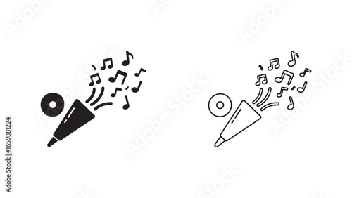 Music player with notes, black and white outline