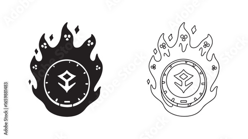 Mystical amulet with flame and rune design