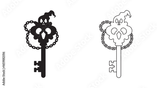 Skull key with chain, black and white outline