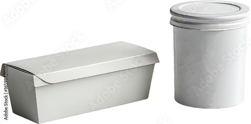 White Rectangular Box with Folded Lid and Cylindrical Container on White Background vector