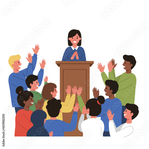 Teacher's Day celebration: A proud educator stands at a podium in a brightly lit classroom, receiving enthusiastic applause from appreciative students in this cheerful flat 2D vector illustration.