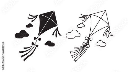 Kites flying among clouds, black and white outline