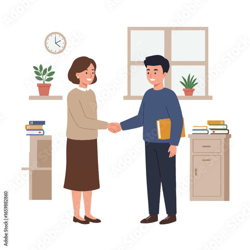 Teacher's Day flat 2D vector: Teacher and student shake hands in a classroom, with stacked books and plants, embodying education, guidance, and student welcome.