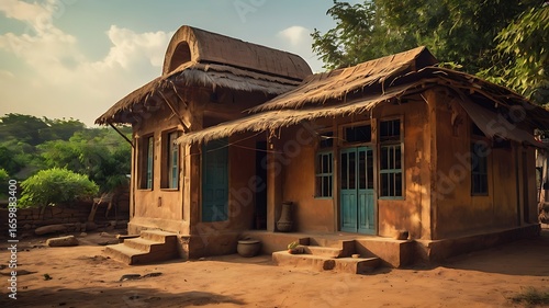 A traditional indian mud house with a thatched roof in a rural village showcasing the beauty of vernacular architecture
