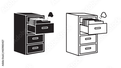 Office filing cabinet with open drawers and documents